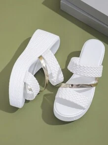 女士高帮防水复古绳编渔夫坡跟厚底凉鞋，春夏穿搭 - 白色 - 查看 5