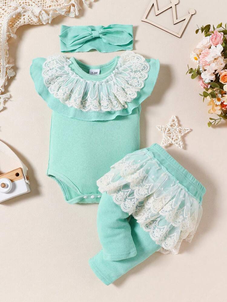 Baby Girl Simple Green Short Sleeve Bodysuit With Pants And Headband 3pcs Casual Home Outfit