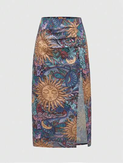 Hippie Plus Size Ladies' Skirt With Sun, Moon And Stars Print For Summer