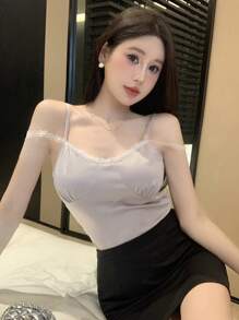 DAZY Áo yếm không tay viền ren màu khối Slim Fit dành cho nữ - Bụi tím - Xem 7