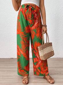SHEIN Schwangere Frauen verstellbare Taille weite Bein Tropenpflanze bedruckte locker Hose für Schwangerschaft - Orange - Übersicht 5