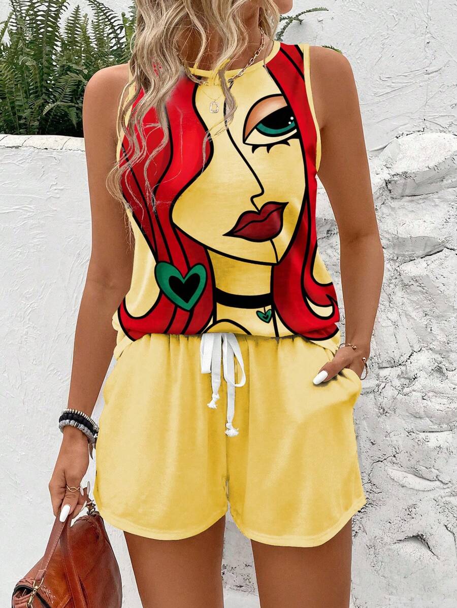 SHEIN LUNE Women's Round Neck Sleeveless Vest With Face Print And Solid Color Drawstring Pocket Shorts Casual 2pcs Summer Outfits
