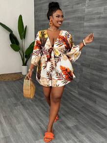 Slaydiva Plus Size Holiday Casual V-Neck Loose Printed Jumpsuit With Tie Belt For Women - Multicolor - View 3