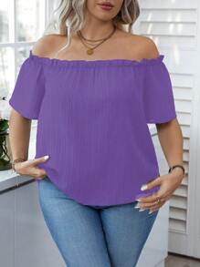 Calvaya Blusa suelta de manga corta con hombros descubiertos y volantes en unicolor para mujer de talla grande - Morado - Ver 3