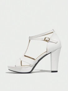 女士厚底高跟凉鞋，优质厚底白色T字带凉鞋，罗马风格，优雅时尚，度假必备