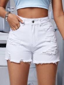 SHEIN PETITE Women's Distressed Denim Shorts With Pockets, Casual - White - View 6