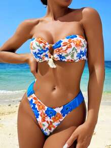 Swim Lushoire Conjunto de bikini sexy con estampado floral y escote halter para mujer en verano