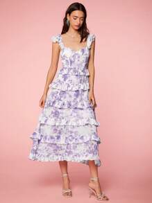 Enchnt Women's Summer Elegant Floral Allover Print Multilayered Ruffle Sleeveless Dress