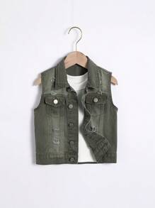 Young Boy Medium Washed Blue Distressed Denim Vest Jacket - Army Green - View 1