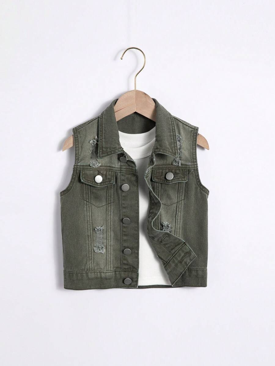 Young Boy Medium Washed Blue Distressed Denim Vest Jacket - Army Green - View 1