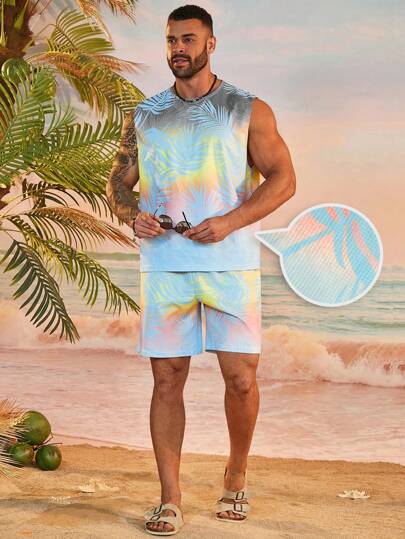 Manfinity RSRT Men's Plus Size Vacation Beach Plant Printed Gradient Tank Top And Shorts Set