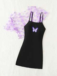 Tween Girl Vacation Butterfly Print Casual One-Piece Swimsuit With Mesh Short Sleeve Cover-Up Top - Multicolor - View 3