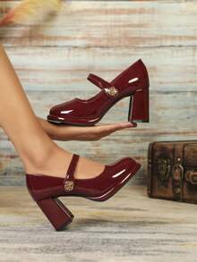 Zapatos de tacón grueso y punta redonda estilo Mary Jane sexy con plataforma impermeable - Burdeos - Ver 1