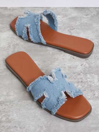 SHUZIA All-Time Bestseller Dames Luxe-Geïnspireerde Harnas Uitsparing Open Toe Tijdloze Versleten Denim Slides