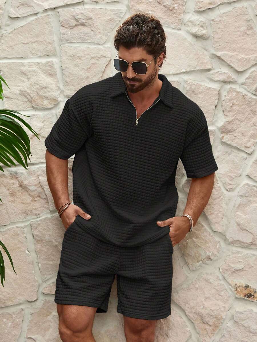Genlund Men's Fashionable Textured Solid Color Lapel Collared Top And Shorts Set, Cozy Outfits - Black - View 1
