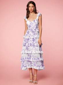 Enchnt Women's Summer Elegant Floral Allover Print Multilayered Ruffle Sleeveless Dress