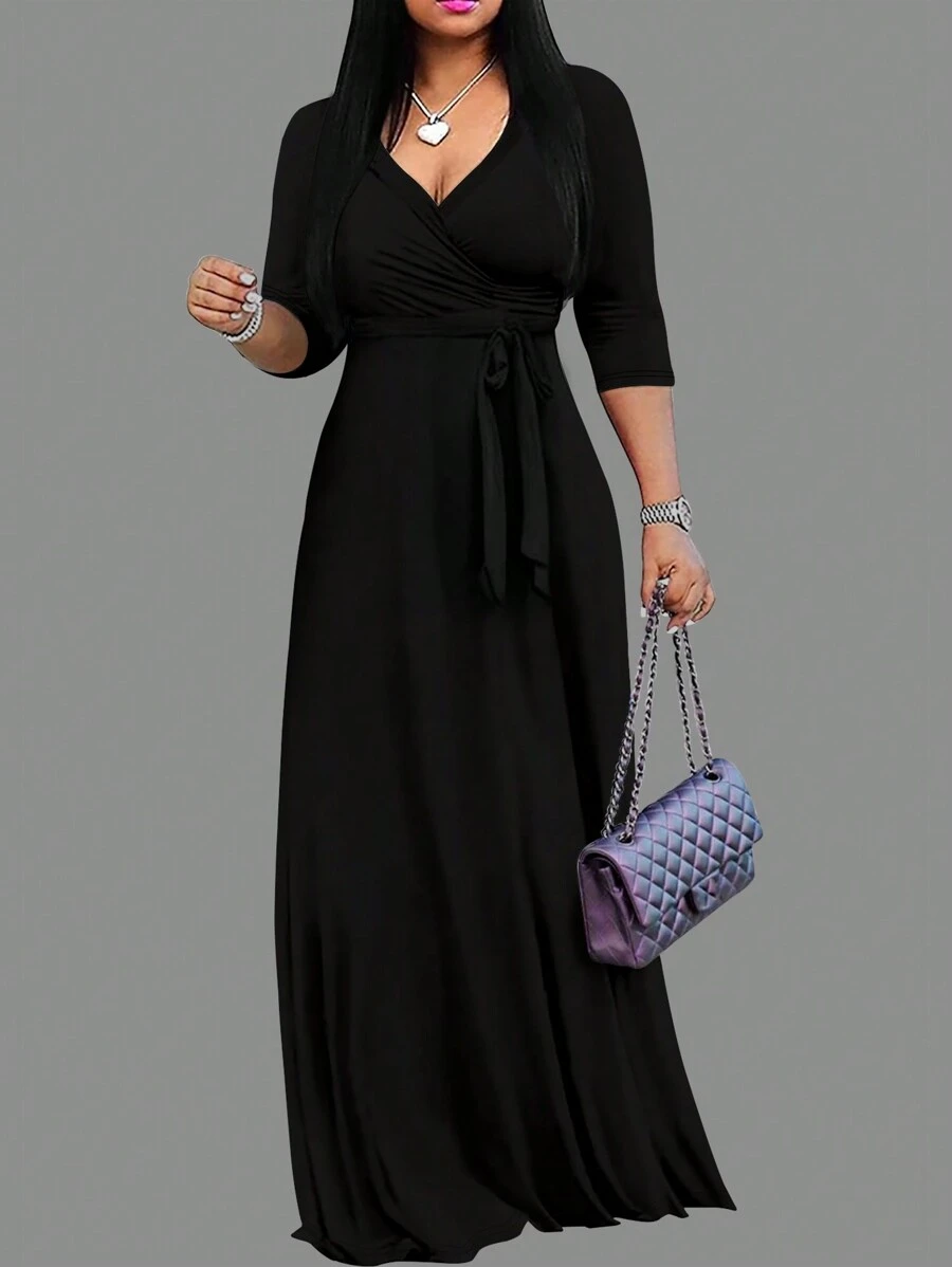 女士多色拼接连衣裙，深V领和收腰设计，优雅大方，适合外出就餐、购物等各种场合。 - 黑色 - 查看 1