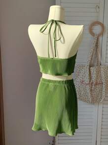Comfortcana Green Woven Pleated Women Halter Crop Top & Mini Skirt Summer Two-Piece Outfits - Green - View 2