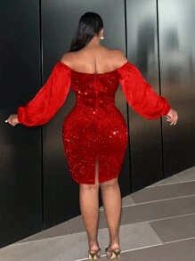 Slaydiva Của phụ nữ Kích thước lớn Quần bó Off Shoulder Long lanh Vá lại Tay áo lồng đèn Đầm - Đỏ - Xem 2