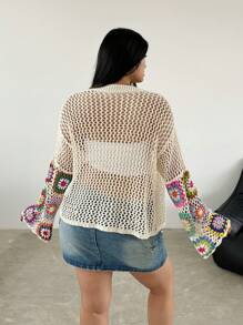 Flirla Plus Size Women's Multi-Colored Floral Crochet Cardigan - Apricot - View 2