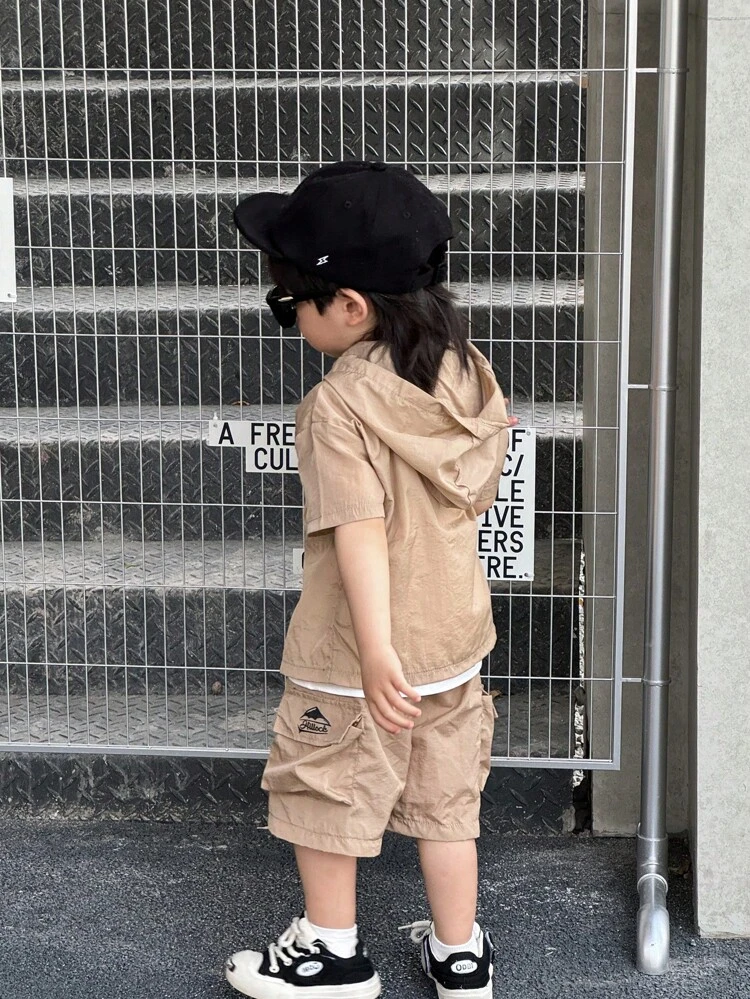 New Summer Styles For Baby Boys, 3pcs/Set Fashionable Skin Protection Clothing Set, Including Weave Short Sleeve Hooded Coat, Weave Big Pocket Printed Sport Shorts, Knit White Simple Tank Top