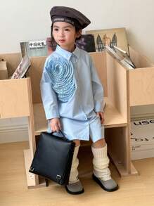 SHEIN Young Girl 3D Flower Decorated Button Front Long Sleeve Casual Shirt Dress