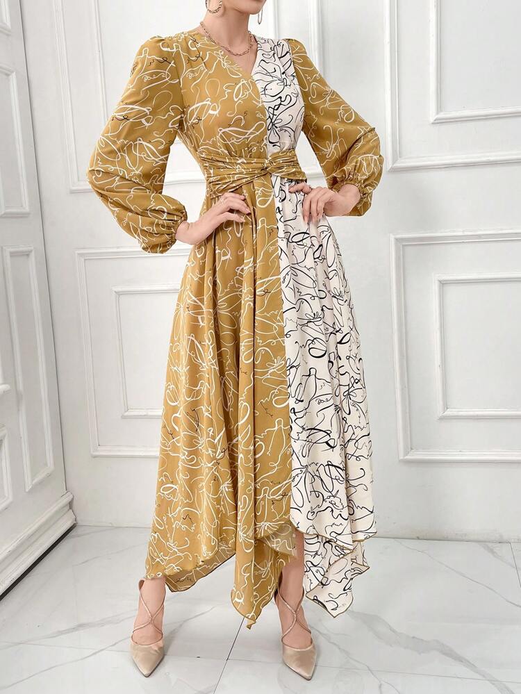Women's Elegant Colorblock Printed Patchwork Lantern Sleeve Twisted Waist Asymmetrical Hem Midi Dress For Spring And Summer