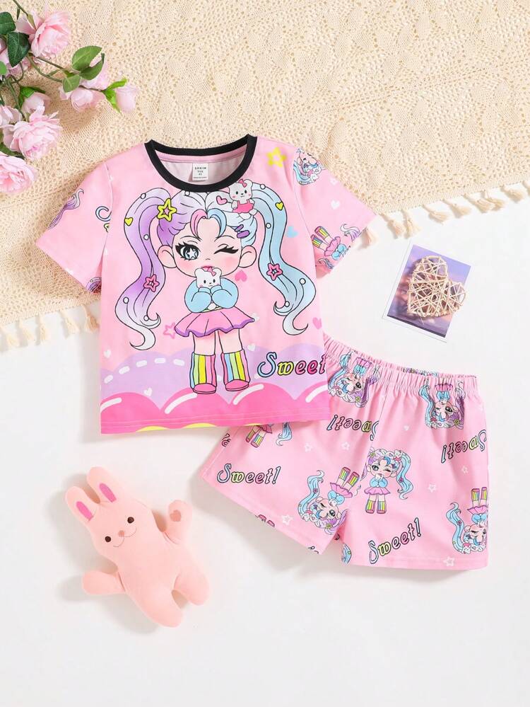 Young Girl Summer Cartoon Print Casual Flame-Resistant Pajama Set With Short-Sleeve Top And Shorts