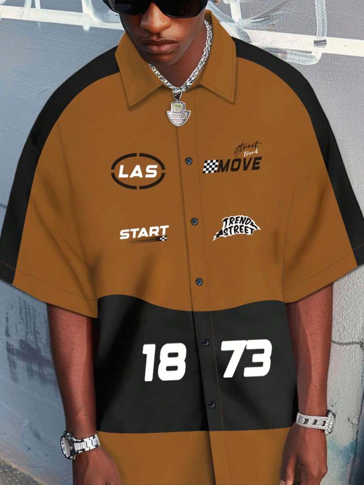 Men Plus Size Summer Loose Fit Casual Shirt With Letter Print And Color Blocking Short Sleeves