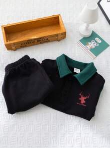 SHEIN 中性嬰兒卡通鹿紋短袖套頭T卹和休閒短褲運動外套，夏季 - 彩色 - 查看 6