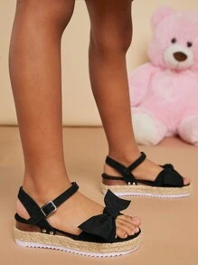 Mini mi Schwarze niedliche und rutschfeste Plateau-Espadrillesandalen für Mädchen im Sommer - bequem mit Schleife, verstellbarem Knöchelriemen und weißer Sohle