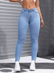 SHEIN ICON 大尺碼女款口袋修身百搭休閒牛仔褲 - 深色水洗藍 - 查看 4