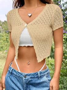SHEIN EZwear Summer Crochet Round Neck Short Sleeve Cardigan - Apricot - View 5
