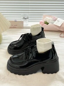 Women's Classic Shine Black Ribbon High Wedge Heel Loafers - Black - View 1