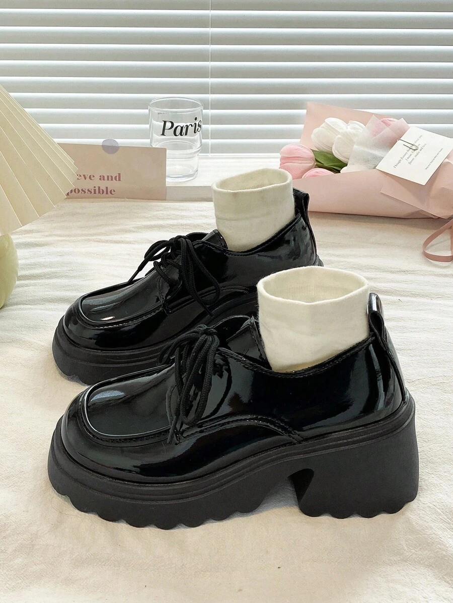 Women's Classic Shine Black Ribbon High Wedge Heel Loafers - Black - View 1