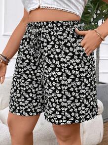 SHEIN VCAY Quần short màu đen thông thường dành cho kỳ nghỉ có kích thước lớn với hoa nhỏ Ditsy - Đen và trắng - Xem 3