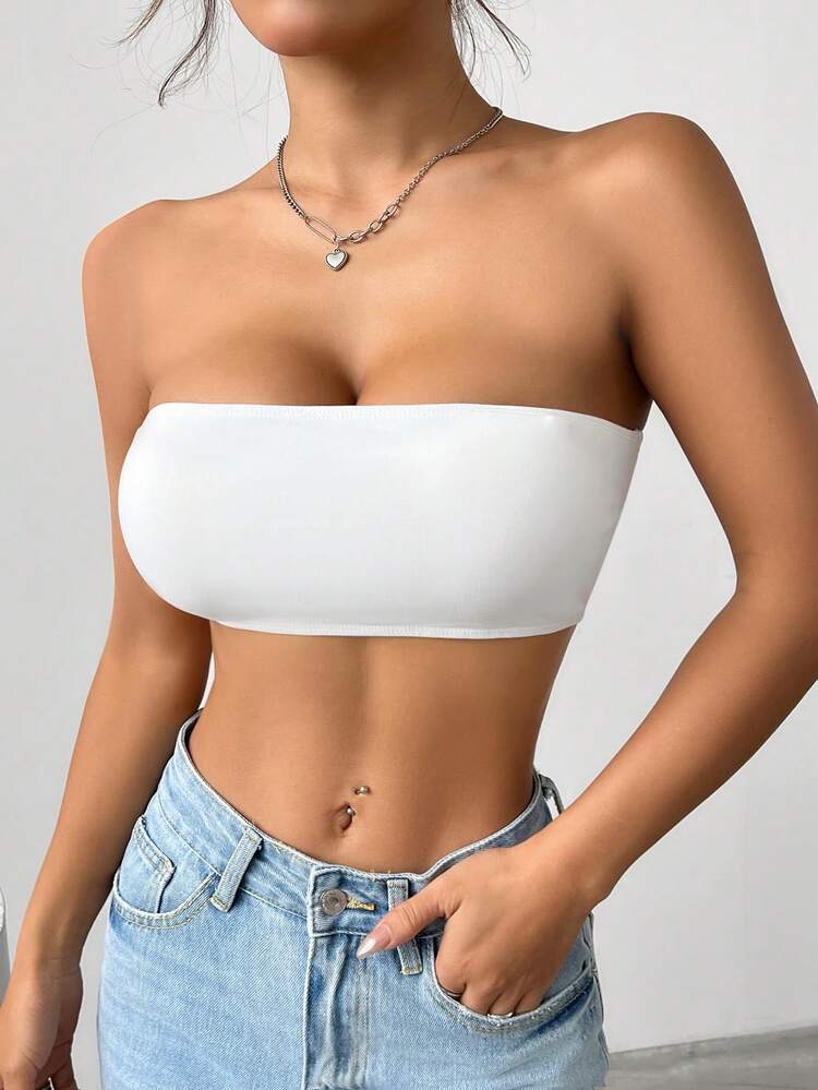 SHEIN EZwear Backless Ultra Short Strapless Women Crop Top - White - View 3