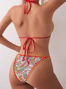 SHEIN Swim Women's Vacation Printed Halter Neck Tie Sexy Bikini Set With Brazilian Bottom(Random Print) Summer