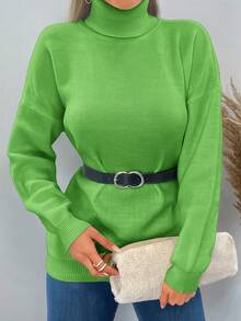 EURMUSE Turtleneck Drop Shoulder Jumper Without Necklace - Green - View 5