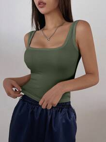 DAZY Áo ba lỗ cổ chữ U cắt ngắn màu trơn mùa hè - xanh quân đội - Xem 5