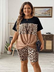 SHEIN LUNE 大码女式时尚豹纹图案短袖和短裤套装（夏季） - 彩色 - 查看 5