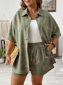 SHEIN LUNE 大码女式宽松休闲 2 件套豹纹落肩袖衬衫和短裤套装，适合夏季 - 綠色 - 查看 4