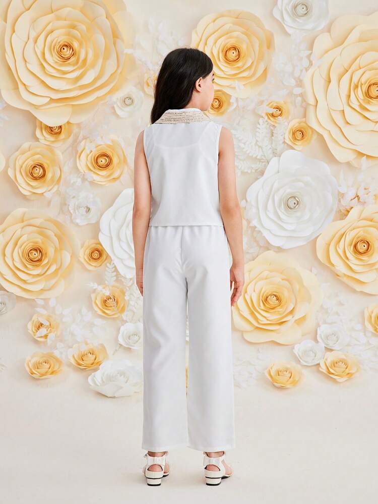 Tween Girl Sequin Collar White Color Top & Cami Top & Pants Outfit Set