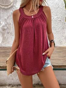SHEIN LUNE Top de verano sin mangas y cuello en U plisado rojo para mujer - Burdeos - Ver 4
