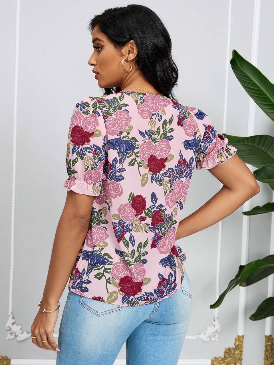 Women's Summer Casual V-Neck Floral Printed Shirt With Ruffle Hem