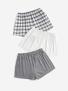 Lowkey Lull Women's 3pcs/Set Solid Color & Plaid Pattern Summer Pajama Shorts, Sleep Bottom