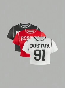 SHEIN MOOSTA Plus Size Round Neck Contrast Letter & Number Print Short Sleeve T-Shirt For Summer - Multicolor - View 1