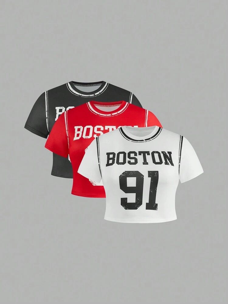 Plus Size Round Neck Contrast Letter & Number Print Short Sleeve T-Shirt For Summer