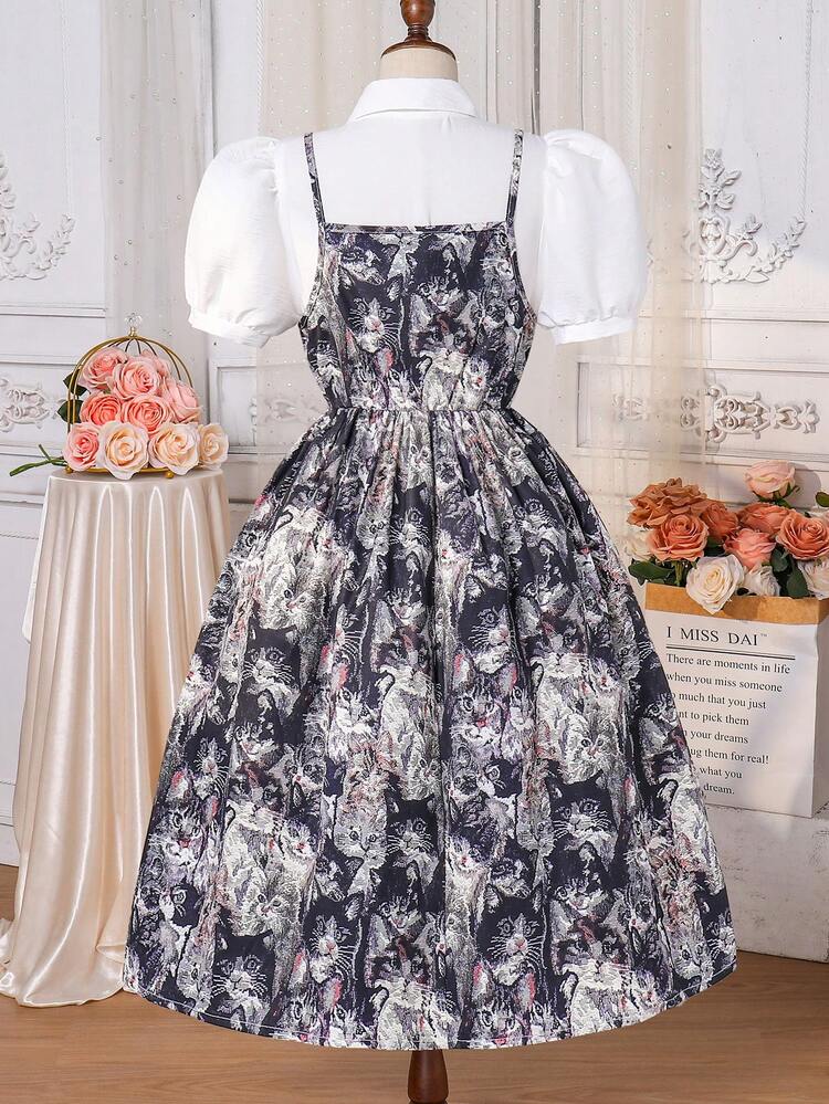 Tween Girl 2pcs White Top And Ladies' Black Printed Dress Set, Casual Outfit