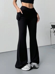 SHEIN EZwear 女式修身黑色工装喇叭裤 - 黑色 - 查看 3